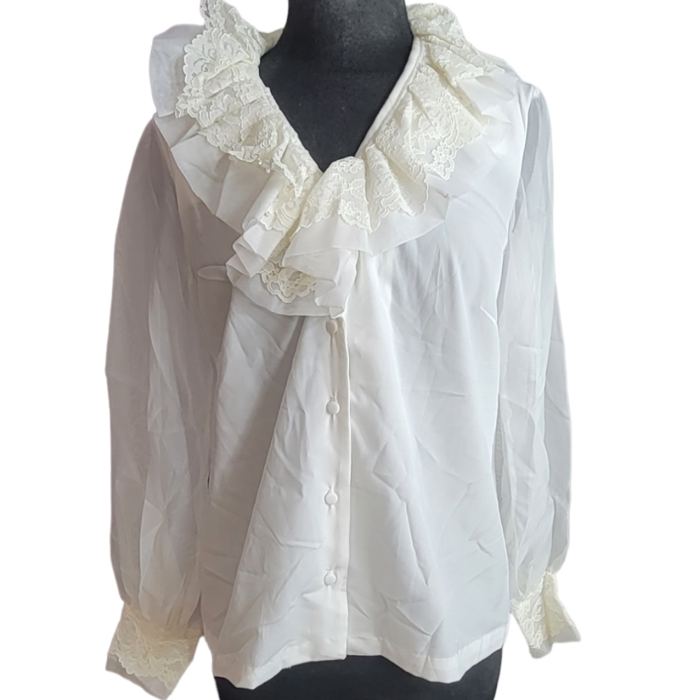 Sheer white button down blouse with lace collar
